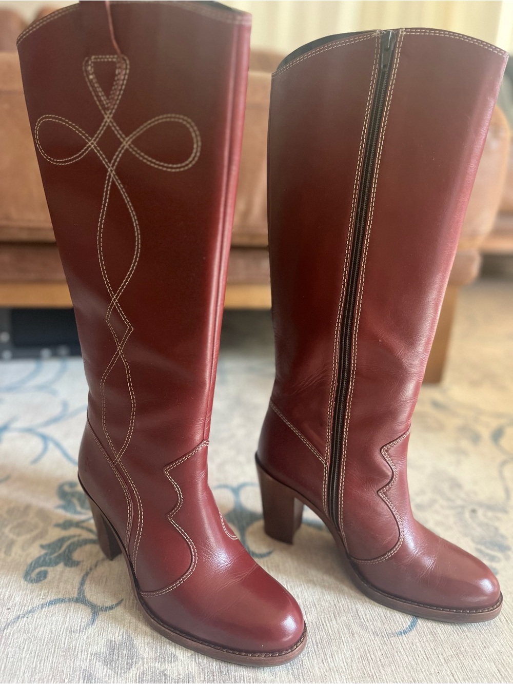 FRYE AND CO. Corinne Tall Deco Stitch Burgundy Leather Knee-High Heeled Boots